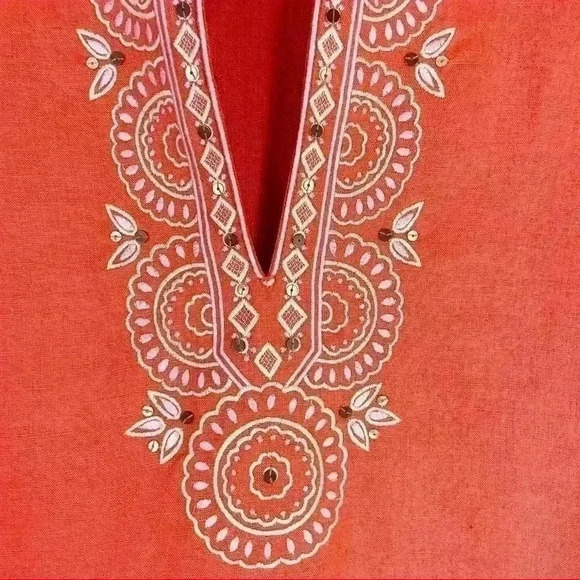 J. Crew Coral Embroidered Embellished V-Neck Linen Kimono Tunic Top Size XS - Picture 3 of 12